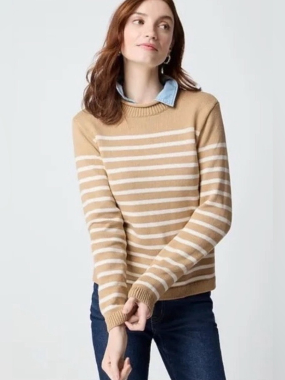 J. Crew Rollneck Stripe Sweater in Tan and White Size M